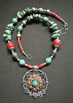 Tibetan turquoise, Lapis & Coral lotus flower With Capped Nepalese Beads Necklace