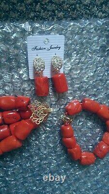 Traditional Real Coral Beads 18k Gold 2 layers Necklace Wedding Bridal Nigerian