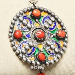 Tribal Enameled Silver Coral Beaded Pendant Necklace Vintage Early 20th C