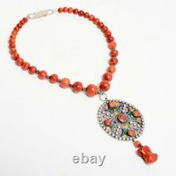 Tribal Enameled Silver Coral Beaded Pendant Necklace Vintage Early 20th C