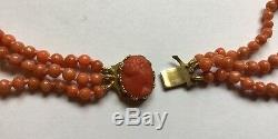 Triple 3 Row Natural Salmon Red Coral Beads Gold Cameo Clasp Necklace 42.2g