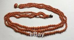 Triple 3 Row Natural Salmon Red Coral Beads Gold Cameo Clasp Necklace 42.2g