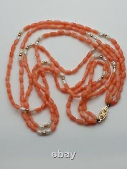 Triple Strand Angel Skin Coral Necklace 14K w Pearls Gold Clasp and Beads