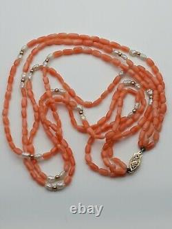 Triple Strand Angel Skin Coral Necklace 14K w Pearls Gold Clasp and Beads