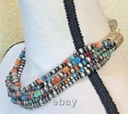 Turquoise Coral Sterling Silver 5 Strand Beaded Necklace 17.5 110 grams Unique