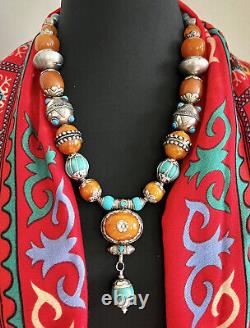 Turquoise Gau Ghau & Capped Tibetan Nepalese Beads With Copal Handmade Necklace