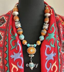 Turquoise Gau Ghau & Capped Tibetan Nepalese Beads With Copal Handmade Necklace