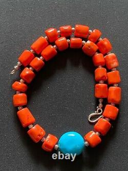 Turquoise & Orange Bamboo Coral chunky beaded bohemian handmade necklace