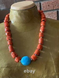 Turquoise & Orange Bamboo Coral chunky beaded bohemian handmade necklace