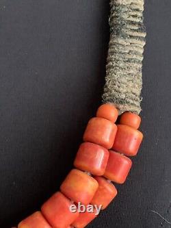 Unusual Vintage Ethnic Necklace -Large Coral Beads on a Braided Leather Cord-27