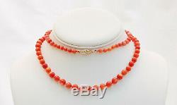 VINTAGE 14K HAND KNOTTED NATURAL MOMO CORAL GRADUATED BEAD 27 INCH NECKLACE 29 g