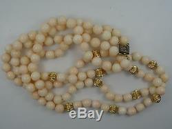 VINTAGE 42 ANGEL SKIN CORAL BEAD 8 mm DOUBLE STRAND NECKLACE STERLING CLASP 84g