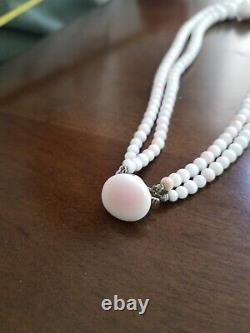 VINTAGE ANGEL SKIN CORAL BEADED NECKLACE 14K White GOLD CLASP
