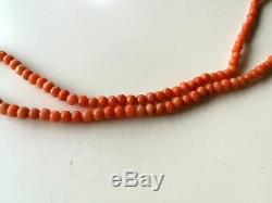 VINTAGE ART DECO HAND CARVED REAL NATURAL RED CORAL GEMSTONE BEADS NECKLACE 14g