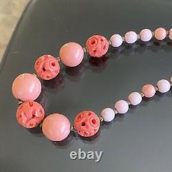VINTAGE French LOUIS ROUSSELET Salmon CORAL Carved GLASS Galalith BEADS Necklace