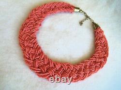 VINTAGE Large Faux Coral Glass colored Tiny Micro Bead Necklace Beautiful