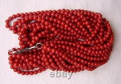 VINTAGE RED CORAL BEADED MULTY STRAND TORSADE NECKLACE 124g