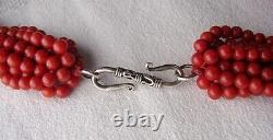 VINTAGE RED CORAL BEADED MULTY STRAND TORSADE NECKLACE 124g