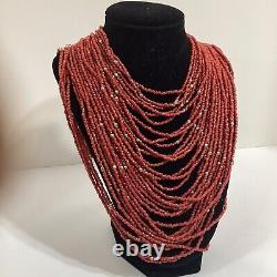 VTG 14 Mediterranean Red Coral Bead and Silver Multi-Strand Necklace