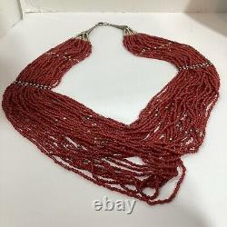 VTG 14 Mediterranean Red Coral Bead and Silver Multi-Strand Necklace