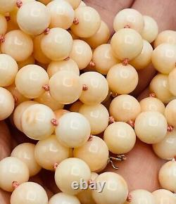 VTG 36 Pink Angel Skin Coral Necklace 14K Clasp 9.6mm Knotted Beads 108g 3.8oz