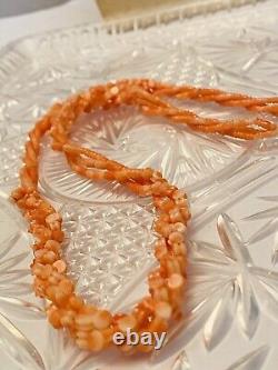 VTG Braided pink Coral Necklace carved Beaded Collar Strand natural genuine