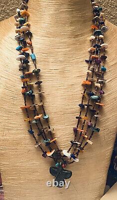VTG Fetish Necklace Carved Multi Strand Zuni Native American Sterling Gaudy