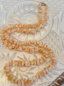 VTG Tulip Carved Angel Skin pink Coral Natural Necklace 14k Gold 48g beaded