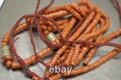 Very OLD Antique vintage red coral beads necklace saturated color four threads