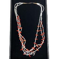 Very Rare Vintage Navajo 3-Strand All Coral Fetish Heishi Bead Necklace
