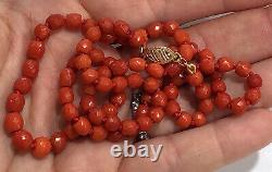 Victorian Antique Oxblood Undyed Coral Necklace Faceted Carved Beads 14k Gold