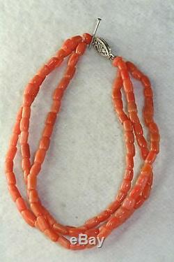 Victorian Antique Sterling Silver Coral Tube Bead Triple Strand Bracelet Necklac