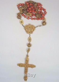 Victorian Art NouVeau Rosary Necklace 18K Yellow Gold Coral Beads 3.44 x 2.24