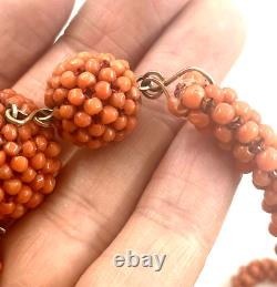 Victorian Coral Bead Necklace Red Hand Knotted Antique Ball Design