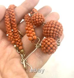 Victorian Coral Bead Necklace Red Hand Knotted Antique Ball Design