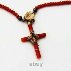 Victorian Coral Cross Pendant Bead Necklace 14K Gold