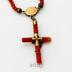 Victorian Coral Cross Pendant Bead Necklace 14K Gold