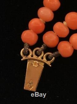 Victorian Mediterranean Coral Beaded 3 String Necklace with 18k Yellow Gold