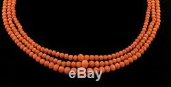 Victorian Mediterranean Coral Beaded 3 String Necklace with 18k Yellow Gold