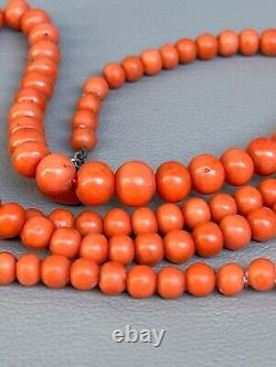Victorian Mediterranean Undyed Red Coral Beads Long Necklace Silver 45gr 28'