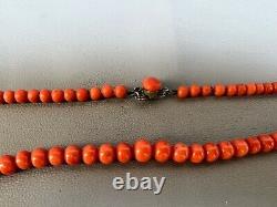 Victorian Mediterranean Undyed Red Coral Beads Long Necklace Silver 45gr 28'