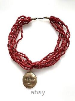 Victorian Multi Strand Corallium Rubrum Red Precious Coral Necklace with Moon face