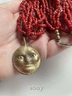 Victorian Multi Strand Corallium Rubrum Red Precious Coral Necklace with Moon face
