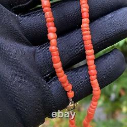 Victorian Natural dark Salmon Pink Coral Beaded Necklace on gold metal clasp
