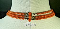 Victorian Naturally salmon pink 3 Strands Coral Beads Necklace 16 1/2