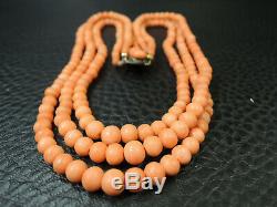 Victorian Naturally salmon pink 3 Strands Coral Beads Necklace 16 1/2