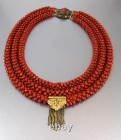 Victorian Wide Natural Red Coral Bead Collar Necklace 800 Silver Vermeil