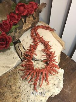 Vintag 925 Sterling Silver Genuine Salmon Coral Branch Beaded Necklace 19, 45g