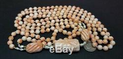 Vintage 14K GOLD Chinese Carved Pink Angel Skin Coral Bead Necklace 104g