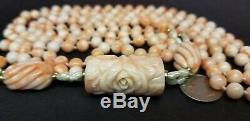 Vintage 14K GOLD Chinese Carved Pink Angel Skin Coral Bead Necklace 104g